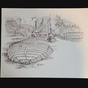 Logging on the Columbia River Sketch Print by Clif Hadfield 1978